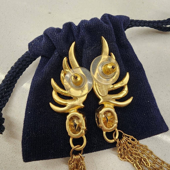 Nissa Gold-Tone Wing Tassel Earrings with Crystal Accents - Picture 3 of 4